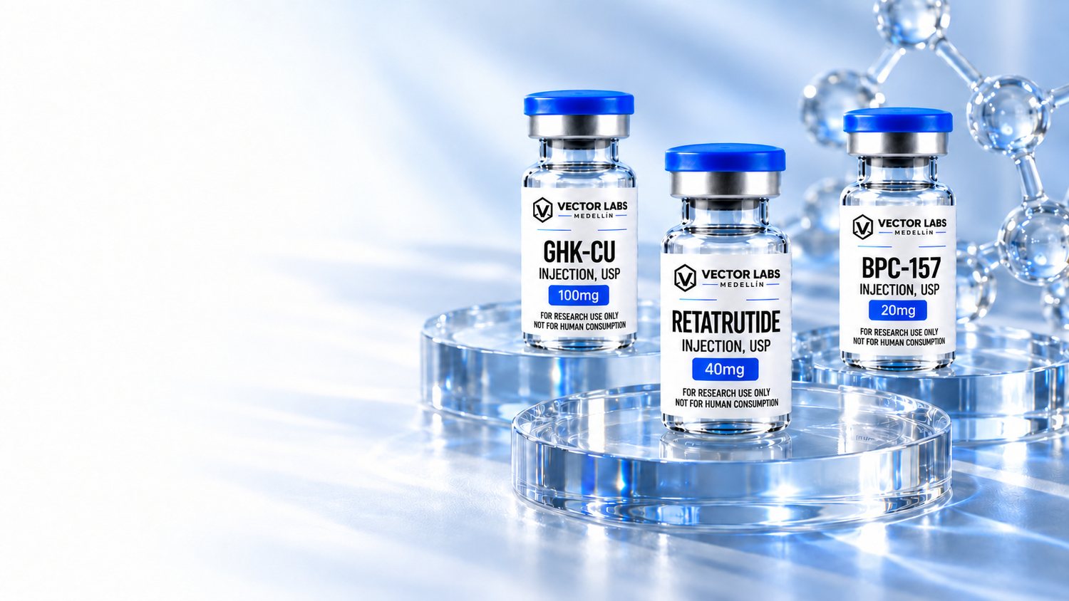 GHK-Cu, Retatrutide and BPC-157 research vials on laboratory dishes